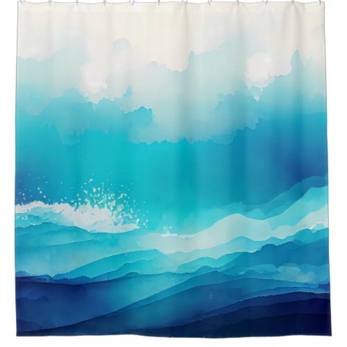 Coastal Watercolor Blue Sea Ombre  Shower Curtain