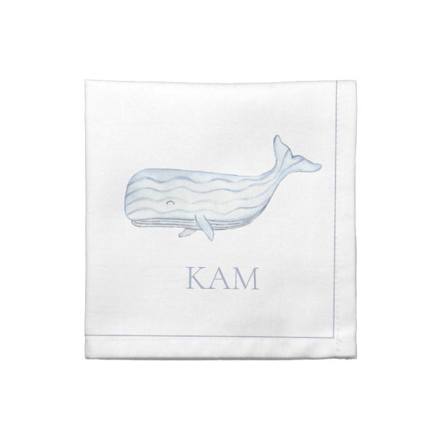 Coastal Watercolor Blue Whale Monogram Cloth Napkin (Quarter Fold)