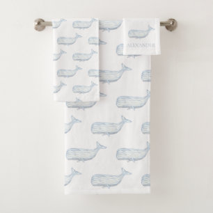 Coastal Watercolor Blue Whale Personalized Bath Towel Set