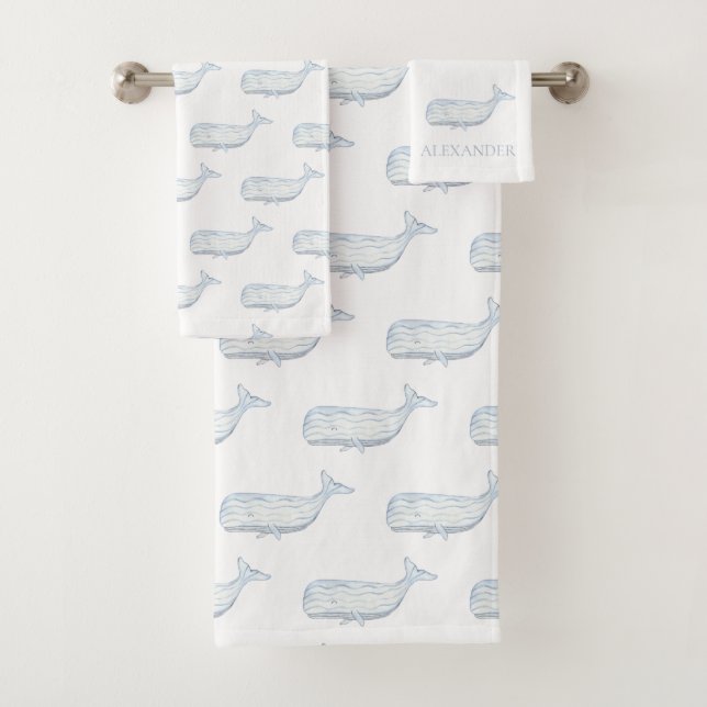 Coastal Watercolor Blue Whale Personalized Bath Towel Set (Insitu)
