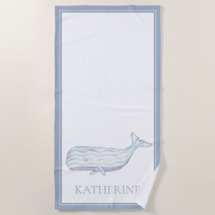 Coastal Watercolor Blue Whale Personalized Beach Towel