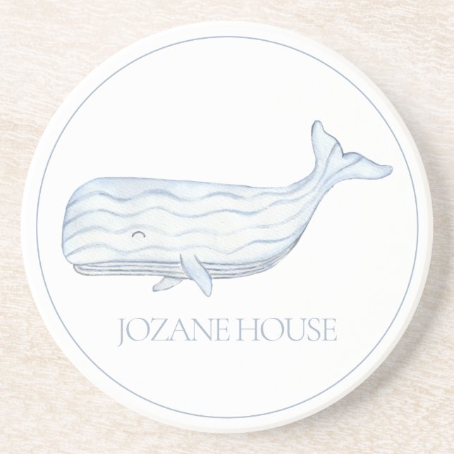 Coastal Watercolor Blue Whale Personalized Coaster (Front)