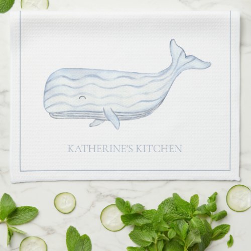 Coastal Watercolor Blue Whale Personalized Kitchen Towel