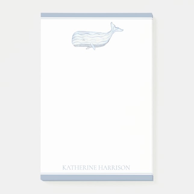 Coastal Watercolor Blue Whale Personalized Post-it Notes (Front)