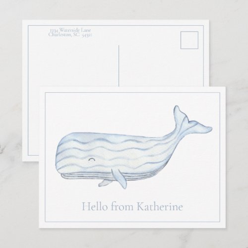Coastal Watercolor Blue Whale Personalized Postcard