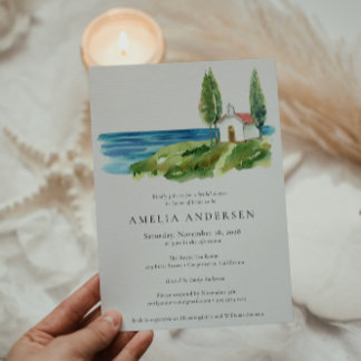 Coastal Watercolor Chapel Ocean Bridal Shower Invitation