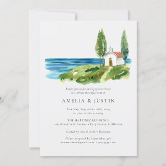 Coastal Watercolor Chapel Ocean Engagement Party Invitation