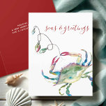 Coastal Watercolor Crab Beach Christmas Holiday Card<br><div class="desc">Celebrate Christmas 2025 with this Coastal-themed Christmas card, featuring an original hand-painted watercolor crab adorned with festive holiday lights in shades of red, green, blue, and turquoise on a crisp white background. The words "Seas and Greetings" are elegantly set in modern brush script typography. Inside, you'll find a solid berry...</div>