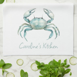 Coastal Watercolor Crab Personalized Kitchen Towel