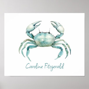 Coastal Watercolor Crab Personalized Poster