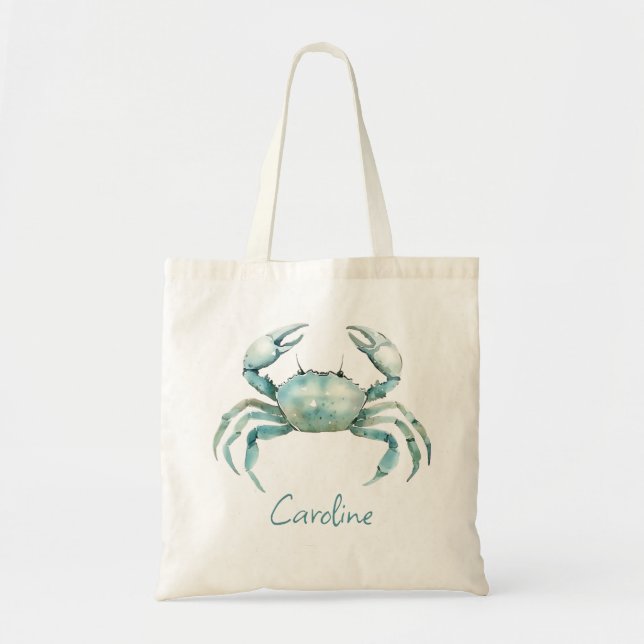 Coastal Watercolor Crab Personalized Tote Bag (Front)