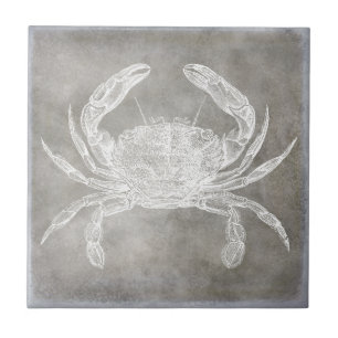 Coastal Watercolor Crab Silver Pewter Neutral Ceramic Tile