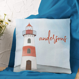 Coastal Watercolor Lighthouse Custom Throw Pillow
