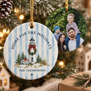 Coastal Watercolor Lighthouse Family Photo Ceramic Ornament
