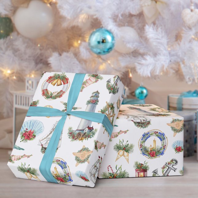 Coastal Watercolor Nautical Christmas White Wrapping Paper (Creator Uploaded)