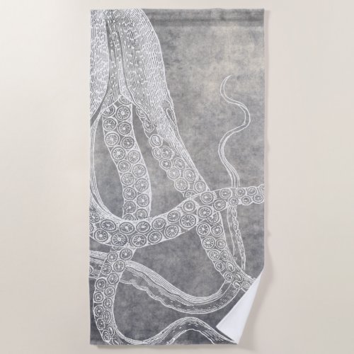 Coastal Watercolor Octopus Silver Pewter Neutral Beach Towel