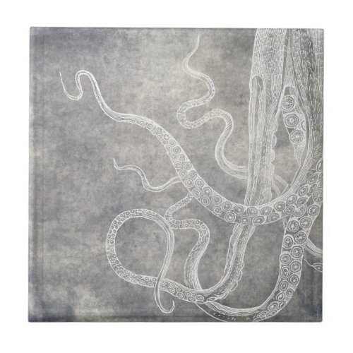 Coastal Watercolor Octopus Silver Pewter Neutral Ceramic Tile