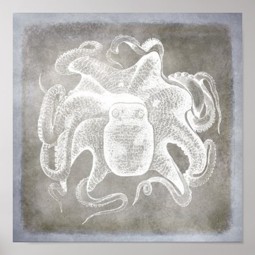 Coastal Watercolor Octopus Silver Pewter Neutral Poster