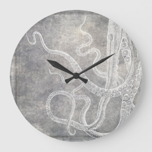 Coastal Watercolor Octopus Silver Pewter Neutral S Large Clock