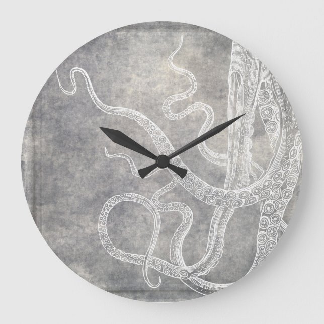 Coastal Watercolor Octopus Silver Pewter Neutral S Large Clock (Front)