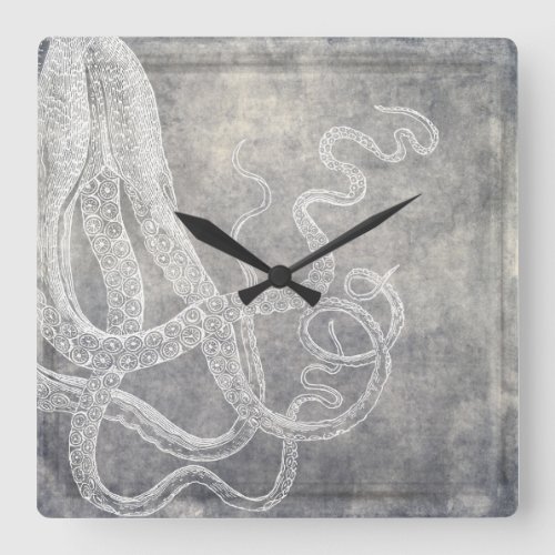 Coastal Watercolor Octopus Silver Pewter Neutral Square Wall Clock