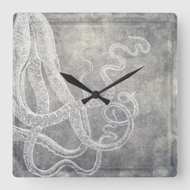 Coastal Watercolor Octopus Silver Pewter Neutral Square Wall Clock (Front)