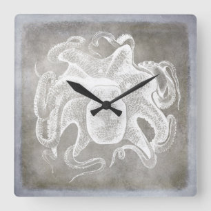 Coastal Watercolor Octopus Silver Pewter Neutral Square Wall Clock