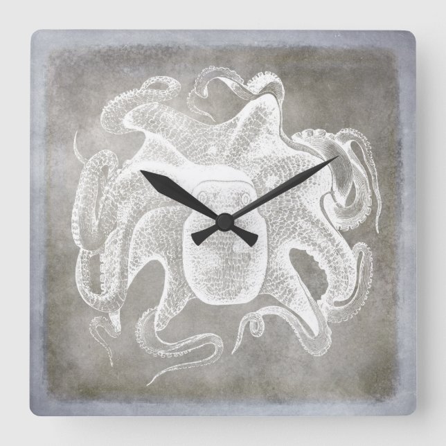 Coastal Watercolor Octopus Silver Pewter Neutral Square Wall Clock (Front)