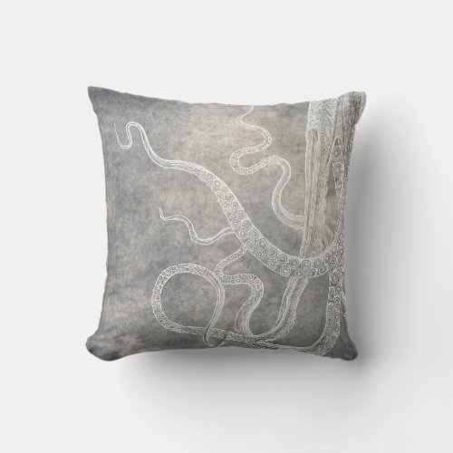 Coastal Watercolor Octopus Silver Pewter Neutral Throw Pillow