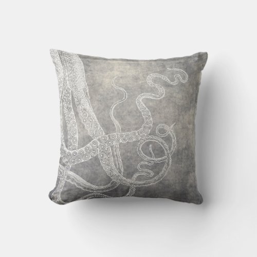 Coastal Watercolor Octopus Silver Pewter Neutral Throw Pillow