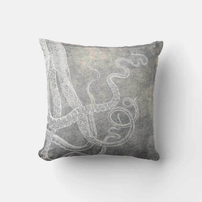 Coastal Watercolor Octopus Silver Pewter Neutral Throw Pillow (Front)
