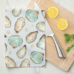 Coastal Watercolor Oyster & Pearl Kitchen Towel<br><div class="desc">This coastal chic kitchen towel features soft cream and aqua watercolor oyster and pearl illustrations. Perfect for beach houses,  coastal abodes,  or anyone who loves oysters and fresh shellfish.</div>