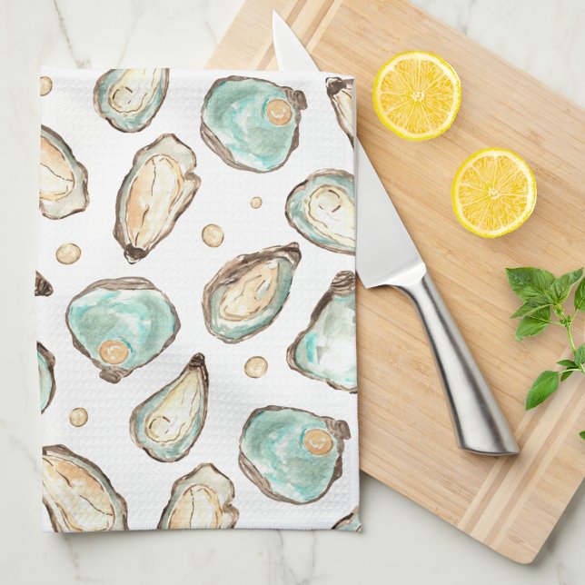 Coastal Watercolor Oyster & Pearl Kitchen Towel (Creator Uploaded)