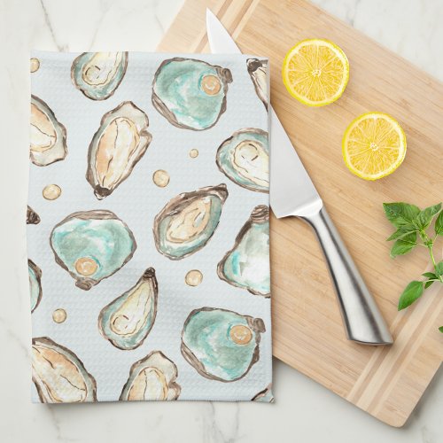 Coastal Watercolor Oyster  Pearl Kitchen Towel