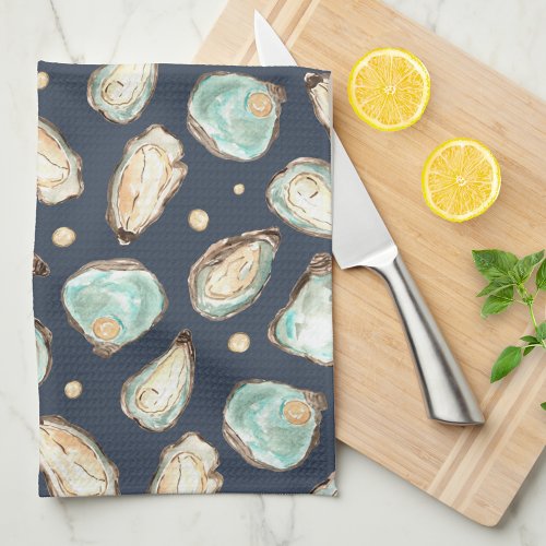 Coastal Watercolor Oyster  Pearl Kitchen Towel
