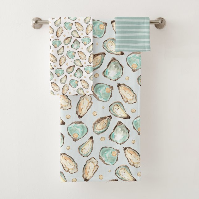 Coastal Watercolor Oyster & Pearl Pattern Bath Towel Set (Insitu)