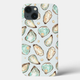 Coastal Watercolor Oyster &amp; Pearl Pattern iPhone 13 Case