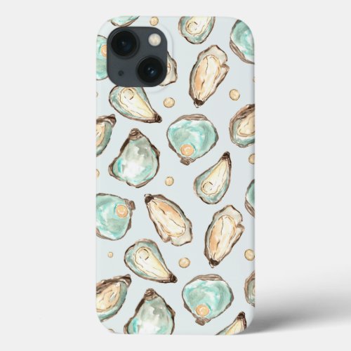 Coastal Watercolor Oyster  Pearl Pattern iPhone 13 Case