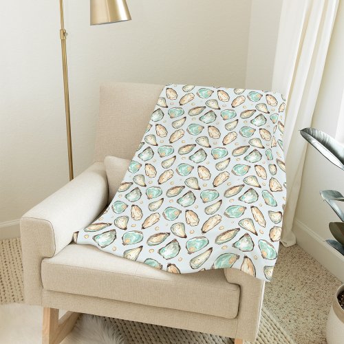 Coastal Watercolor Oyster  Pearl Pattern Fleece Blanket