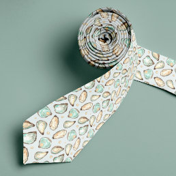 Coastal Watercolor Oyster &amp; Pearl Pattern Neck Tie