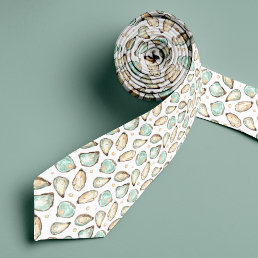 Coastal Watercolor Oyster &amp; Pearl Pattern Neck Tie