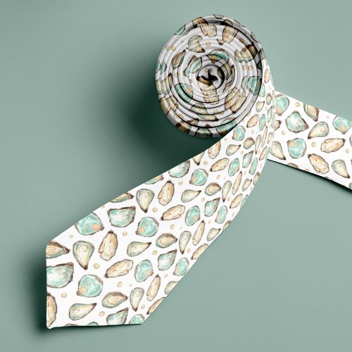 Coastal Watercolor Oyster  Pearl Pattern Neck Tie