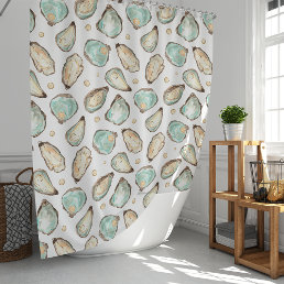 Coastal Watercolor Oyster &amp; Pearl Pattern Shower Curtain