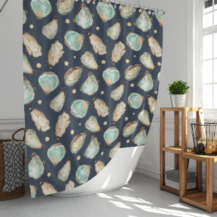 Coastal Watercolor Oyster & Pearl Pattern Shower Curtain