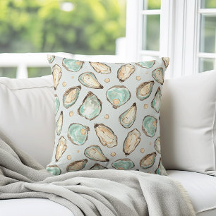 Coastal Watercolor Oyster & Pearl Pattern Throw Pillow