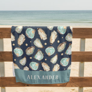 Coastal Watercolor Oyster & Pearl Personalized Beach Towel