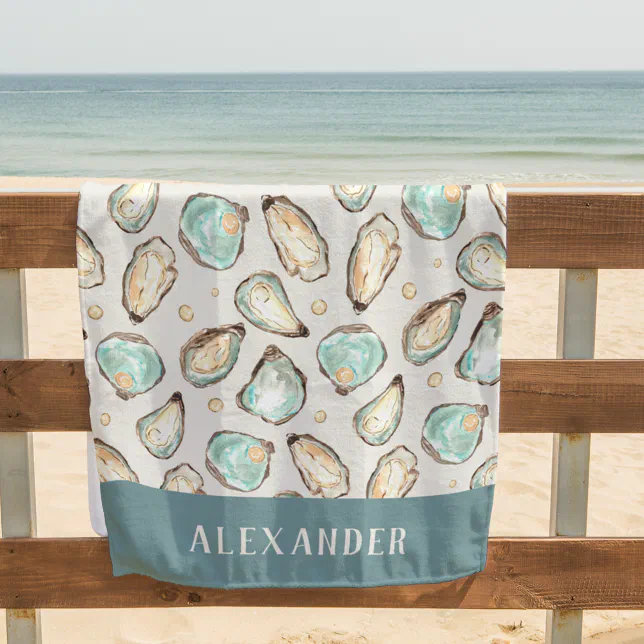 Coastal Watercolor Oyster & Pearl Personalized Beach Towel
