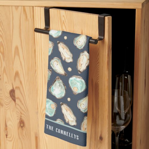 Coastal Watercolor Oyster  Pearl Personalized Kitchen Towel