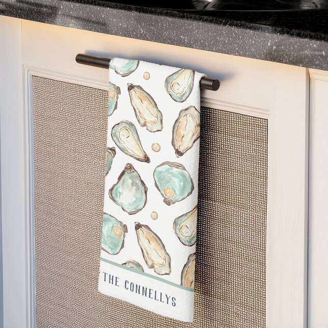 Coastal Watercolor Oyster & Pearl Personalized Kitchen Towel (Creator Uploaded)
