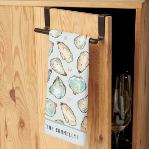 Coastal Watercolor Oyster  Pearl Personalized Kitchen Towel
